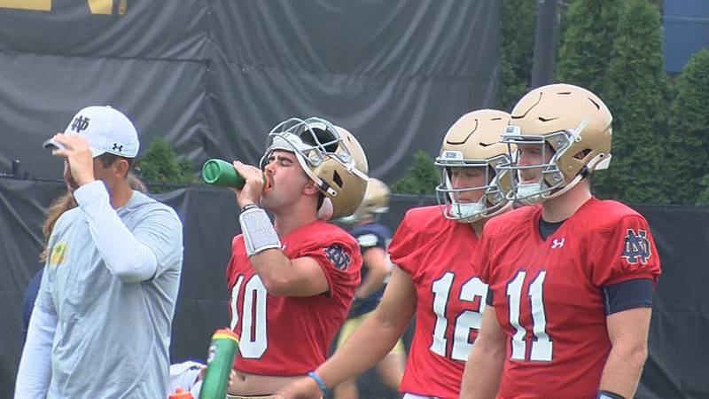 Tyler Buchner, Drew Pyne, rON pOWLUS III at Notre Dame's first fall camp practice in South Bend.