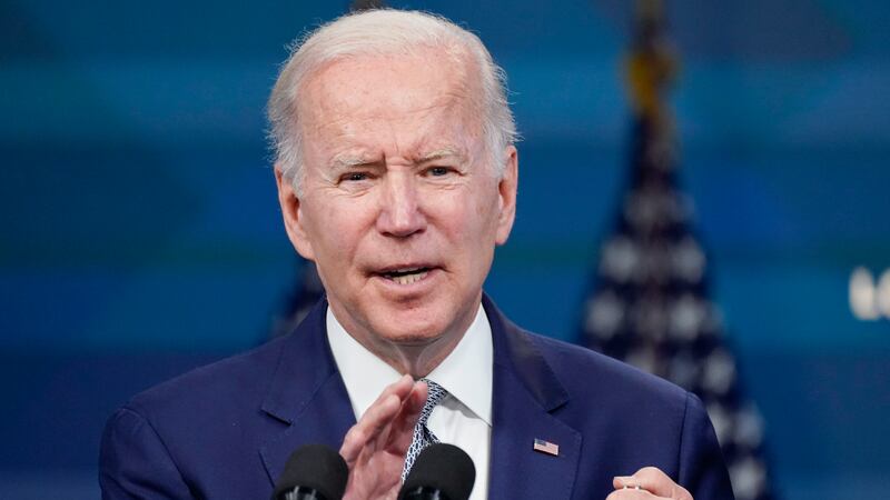 FILE - President Joe Biden speaks in the South Court Auditorium on the White House complex in...