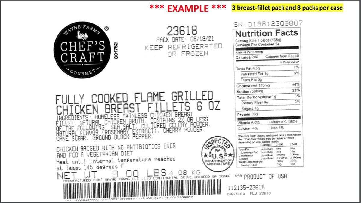 An example of a label from the Wayne Farms, LLC recall of ready-to-eat chicken. Customer...