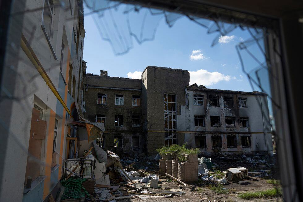 A view of a school which was used as a Russian military base in the recently liberated town of...