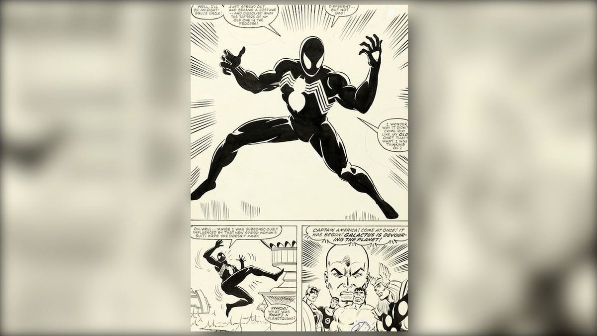 Page 25 from 1984’s 'Secret Wars No. 8' tells the origin story of Spider-Man’s iconic black...