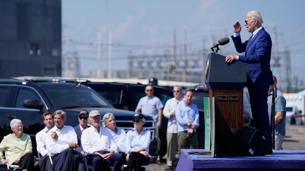 President Joe Biden speaks about climate change and clean energy at Brayton Power Station,...