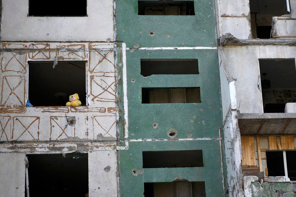 A teddy bear is seen on a building destroyed by attacks in Chernihiv, Ukraine, Sunday, June 19,...