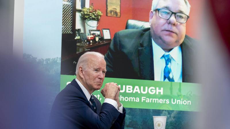 President Joe Biden attends a virtual meeting with family and independent farmers and ranchers...