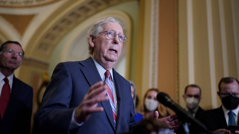 In this Sept. 14, 2021 photo, Senate Minority Leader Mitch McConnell, R-Ky., speaks to...