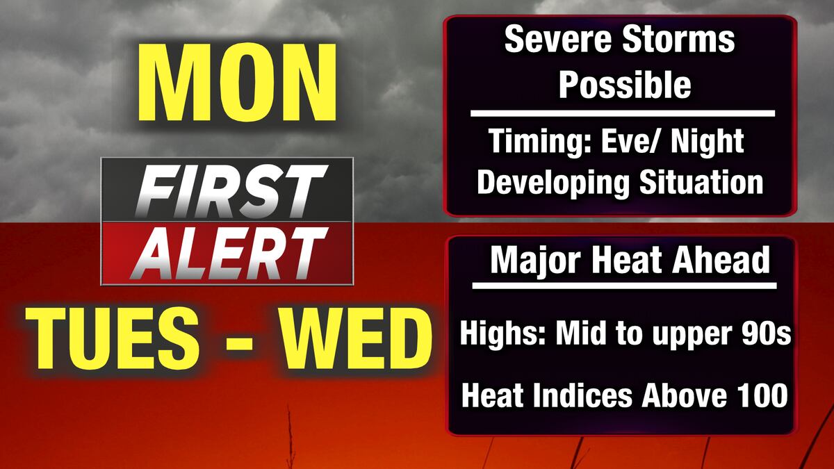 Severe storms are possible on Monday before dangerous heat builds into the forecast. Stick with...
