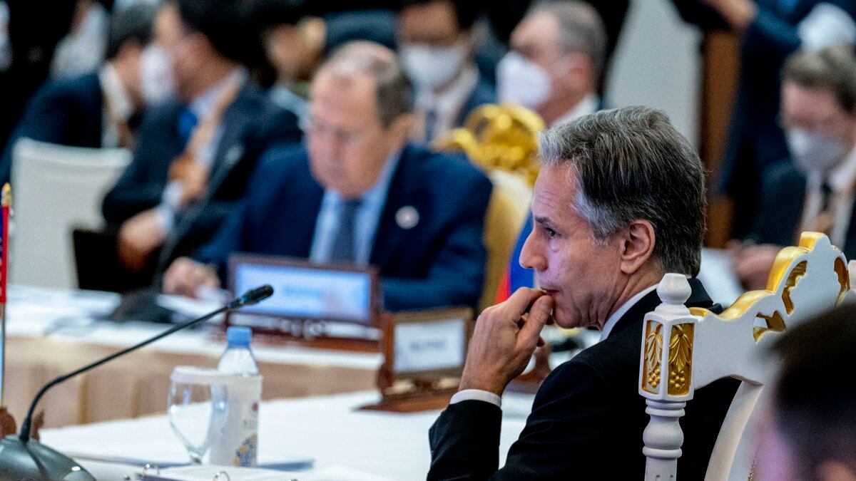 Secretary of State Antony Blinken, right, and Russian Foreign Minister Sergey Lavrov, left, are...