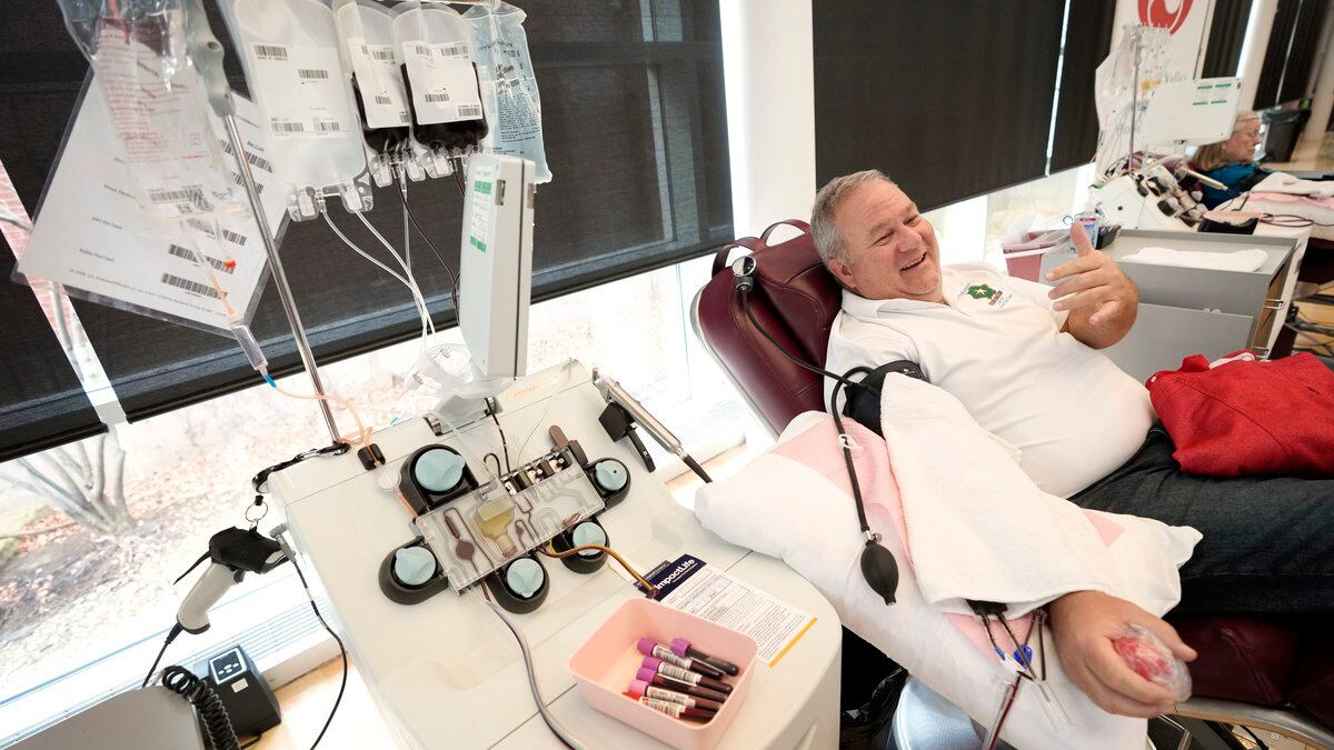 Matt Schermerhorn talks about donating blood at the Impact Life blood center, Friday, Nov. 11,...