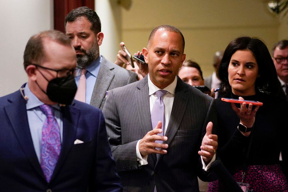 FILE - Rep. Hakeem Jeffries, D-N.Y., talks with reporters on Capitol Hill in Washington...