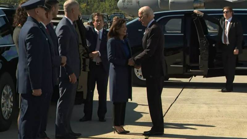 New York Gov. Kathy Hochul greets President Joe Biden Thursday as he arrives at Stewart Air...