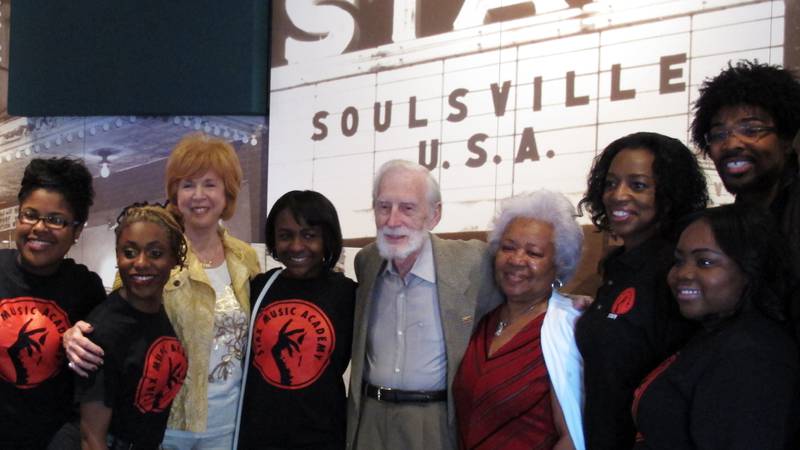 FILE - Stax Records founder Jim Stewart, center, poses for a photo with friends and students of...