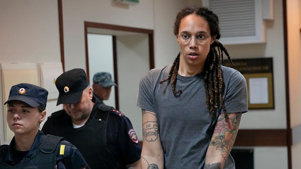 FILE - WNBA star and two-time Olympic gold medalist Brittney Griner is escorted from a court...