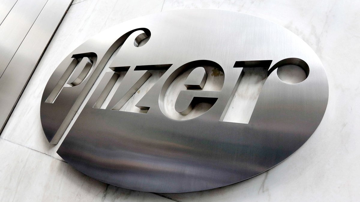 Pfizer logo as seen at the company headquarters.
